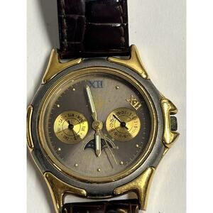 Beverly Hills Watch Men Silver Gold Leather Brown Moon Day Date Gray Quartz